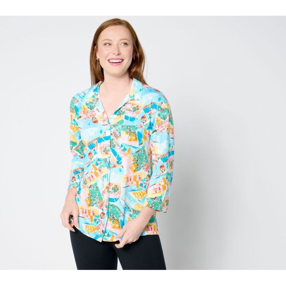 Wacoal Women's Top Sz M Cotton Core Notch Collar Vacation Button Yellow